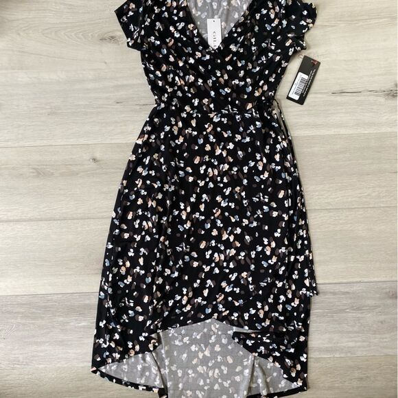 GILLI FAUX WRAP SHORT‎ SLEEVE DRESS BLACK MULTI XS NWT - Picture 3 of 4